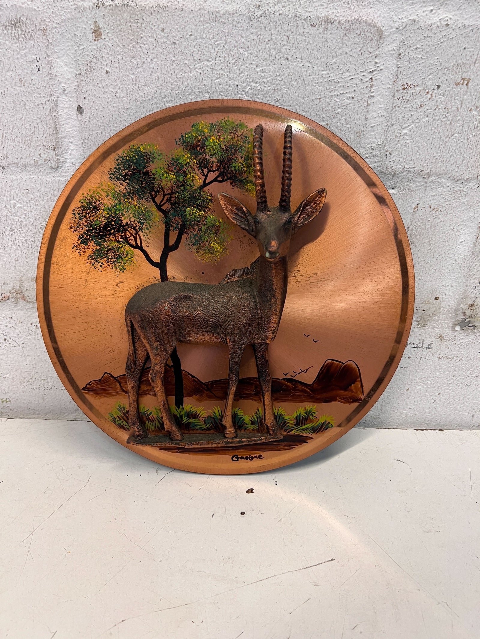 Vintage Handcrafted Copper Wall Art Plaque with Antelope Design