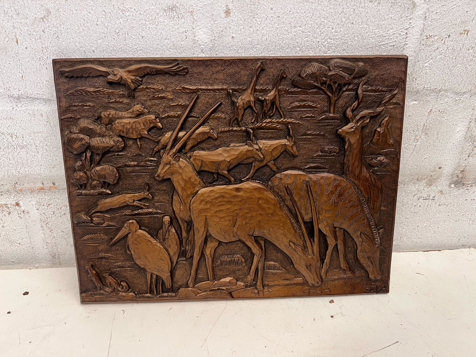 Vintage Wooden Relief Animal Scene Wall Art - 1976