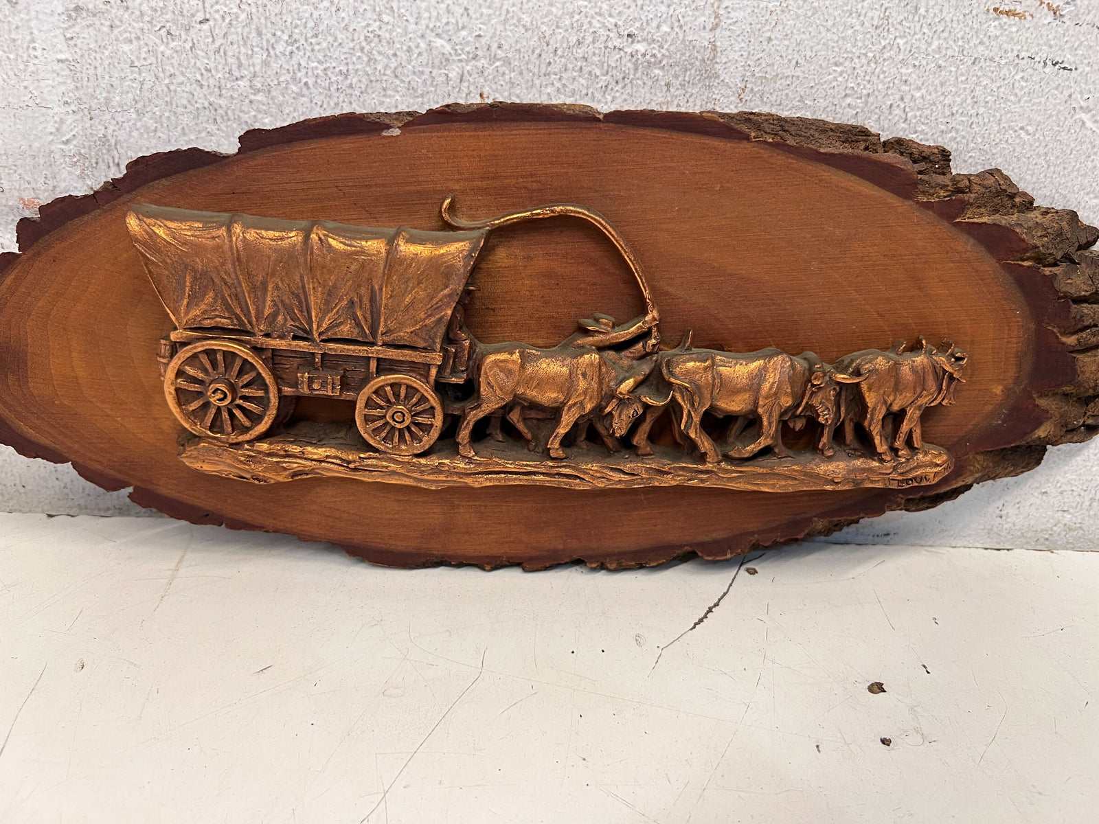 Vintage Bronze Bullock Cart Wall Art on Natural Wood Plaque