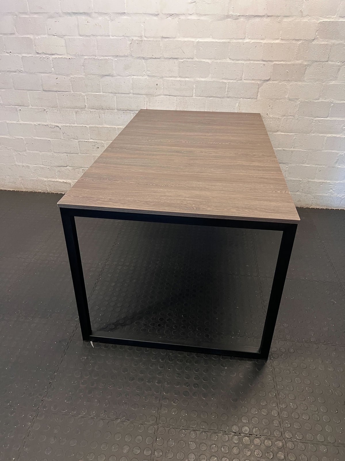 6 seater dining table  -Modern Wood Grain & Black Metal Table ✨ - 2ndhandwarehouse.com