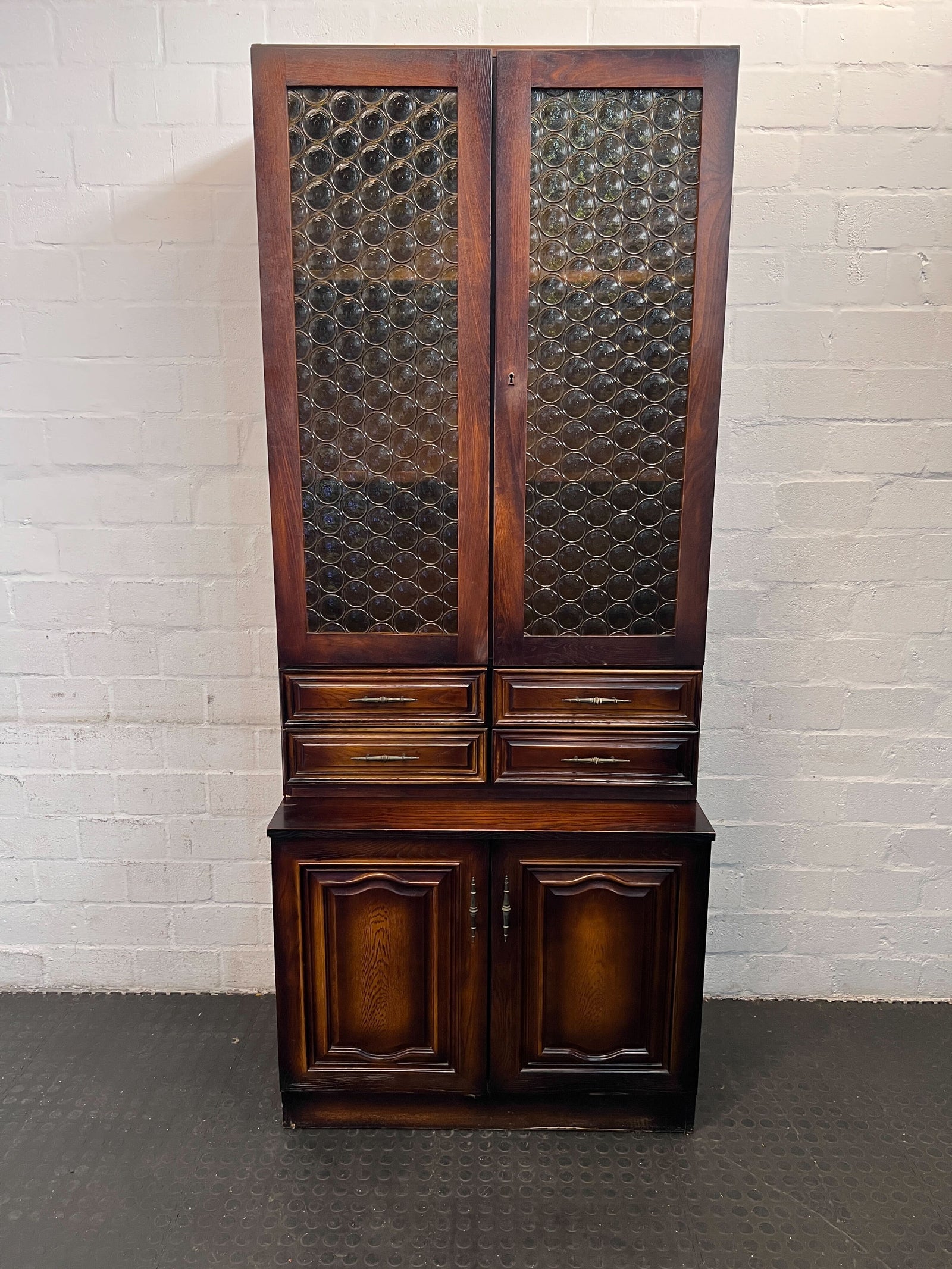 Elegant Vintage Oak Display Cabinet with Glass Doors and Storage