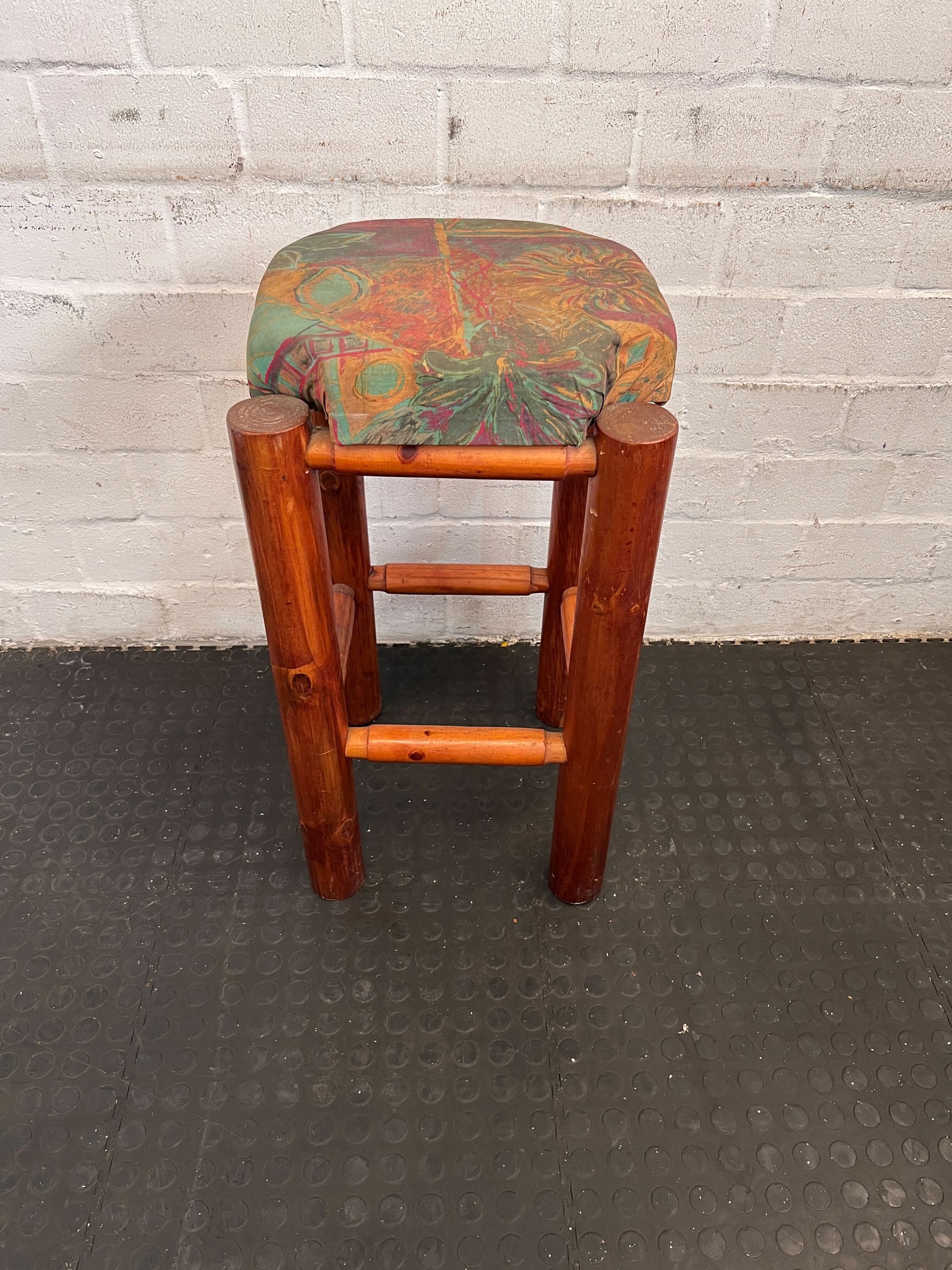 Unique Wooden Stool with Colorful Upholstered Seat