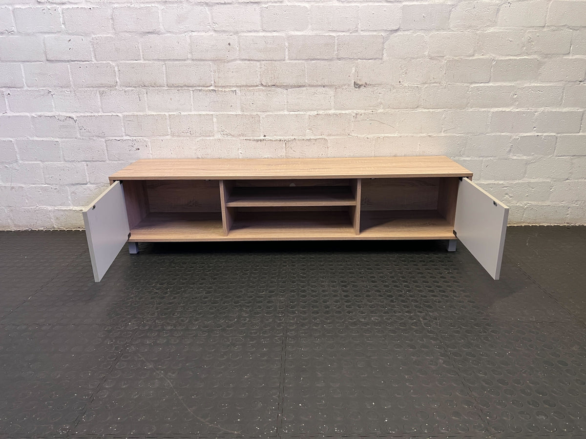 Contemporary Wood & Grey TV Unit with Sliding Doors