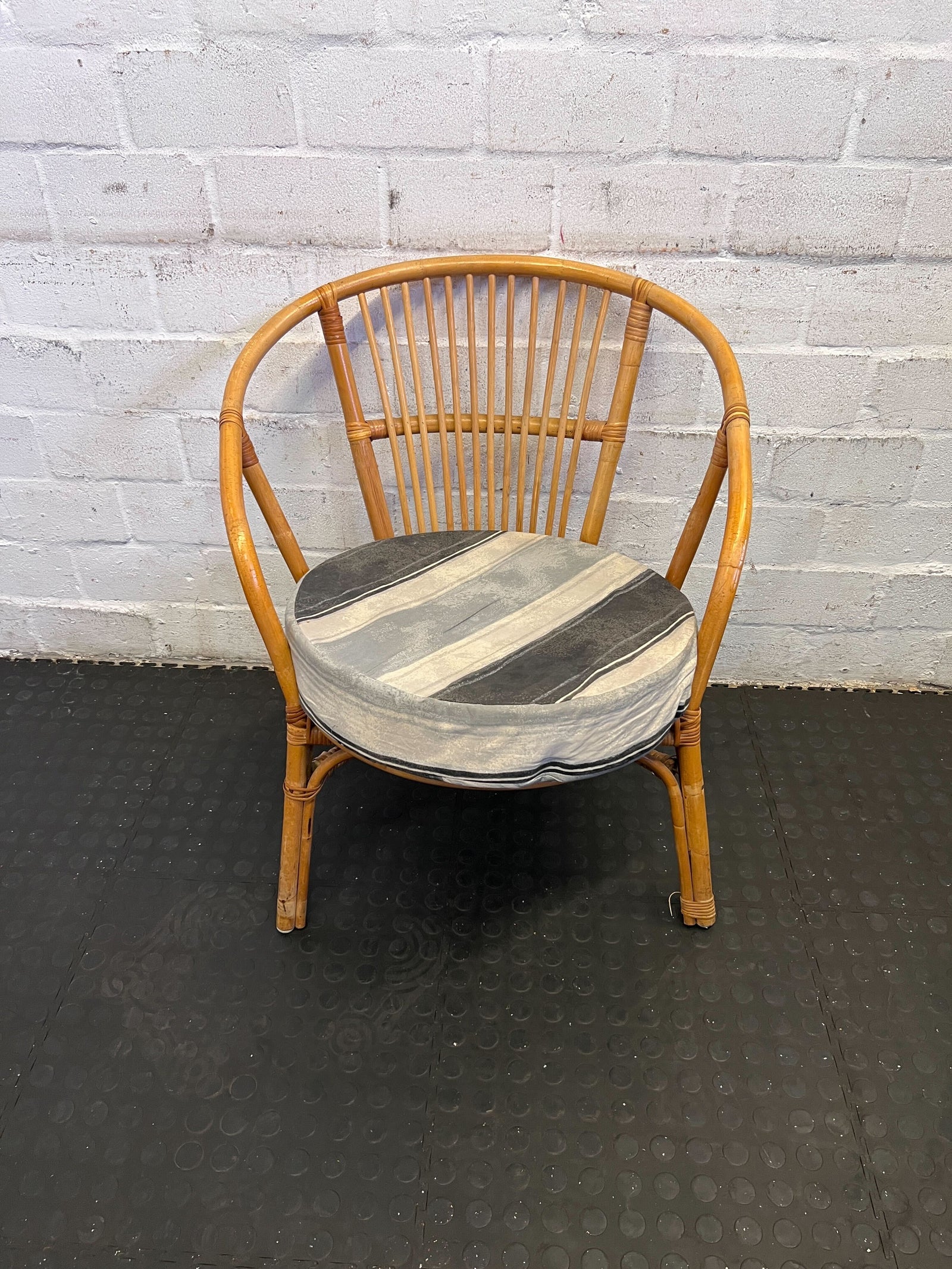 Retro Rattan Accent Chair with Striped Cushion – Minor Wear