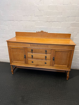 Charming Vintage Wooden Sideboard with Ornate Carving draw missing a hinges - 2ndhandwarehouse.com