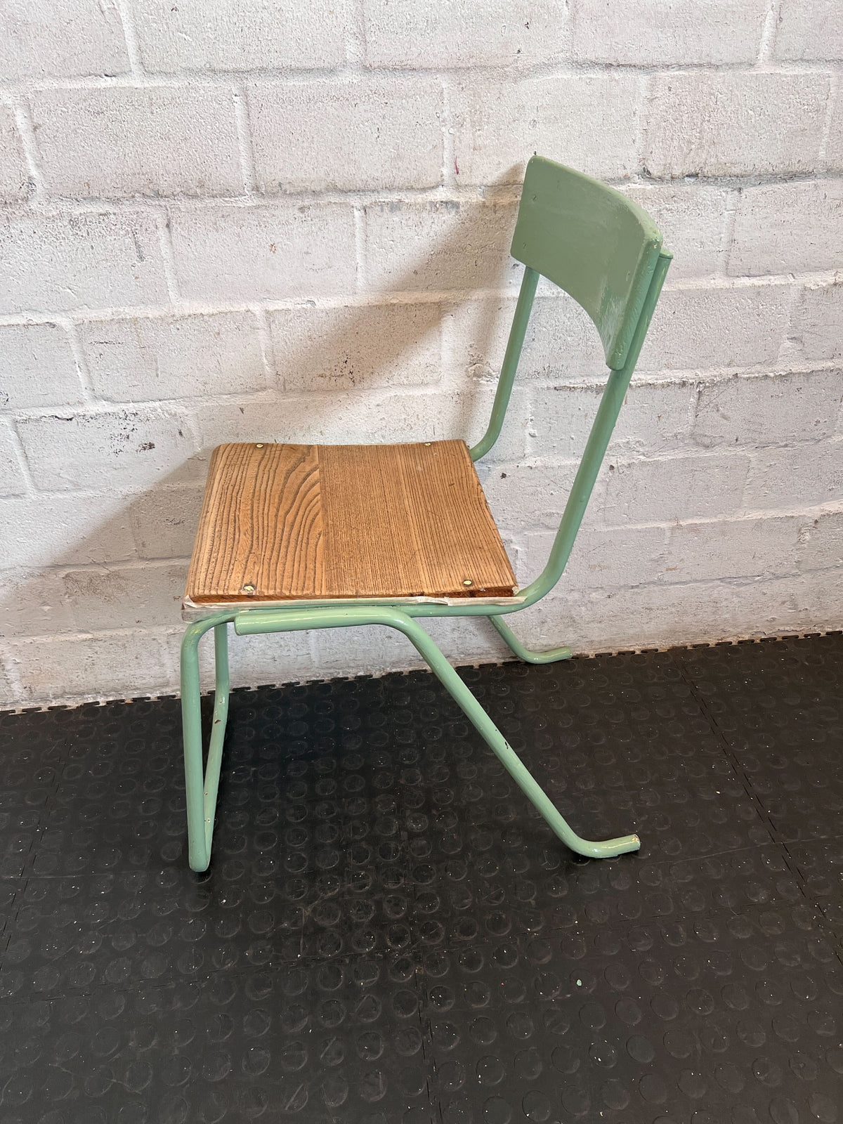 Vintage Sage Green Metal & Wood Schoolhouse Chair