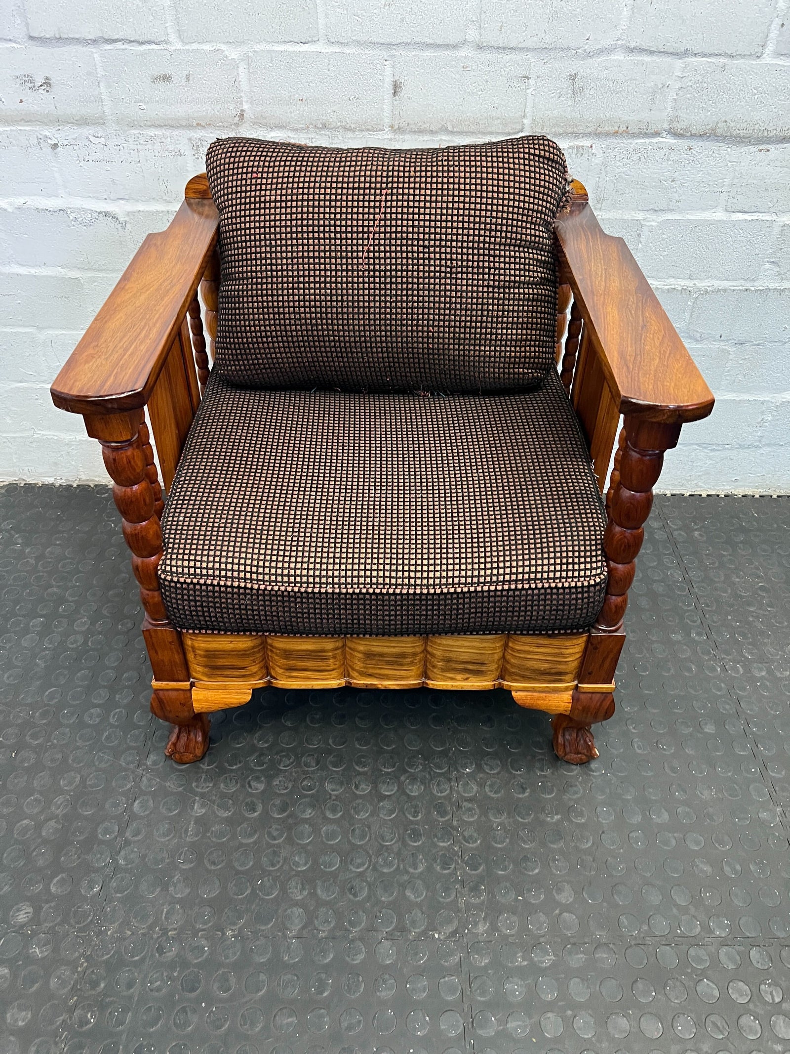 Vintage Solid Wood Armchair with Unique Upholstery Detail