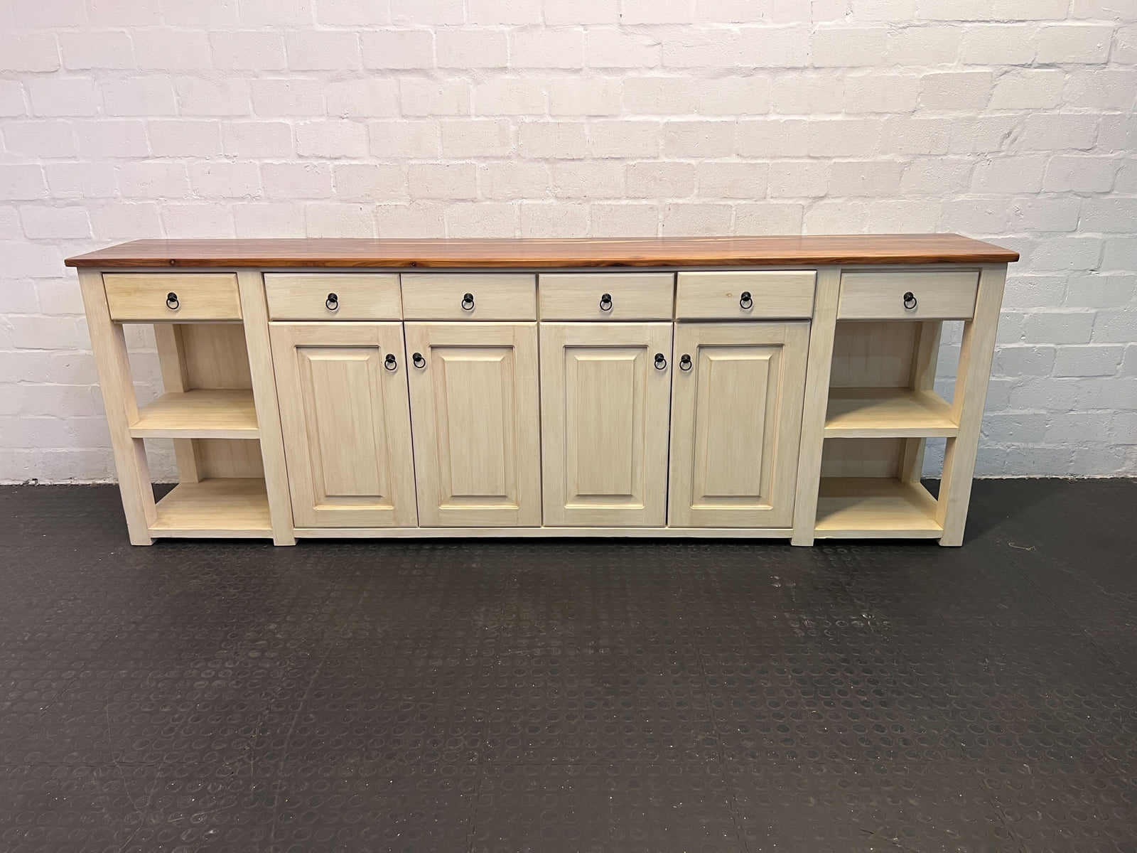 Chic Whitewashed Wooden Sideboard with Maple Top and Storage