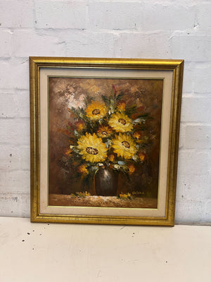 Vintage Helena Sunflower Bouquet Framed Oil Painting - 2ndhandwarehouse.com