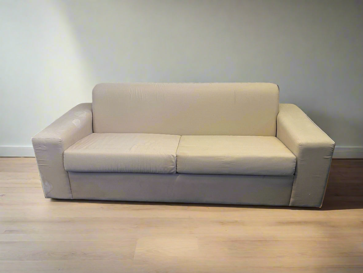 Comfortable Beige Fabric Sleeper Couch with Floral Mattress