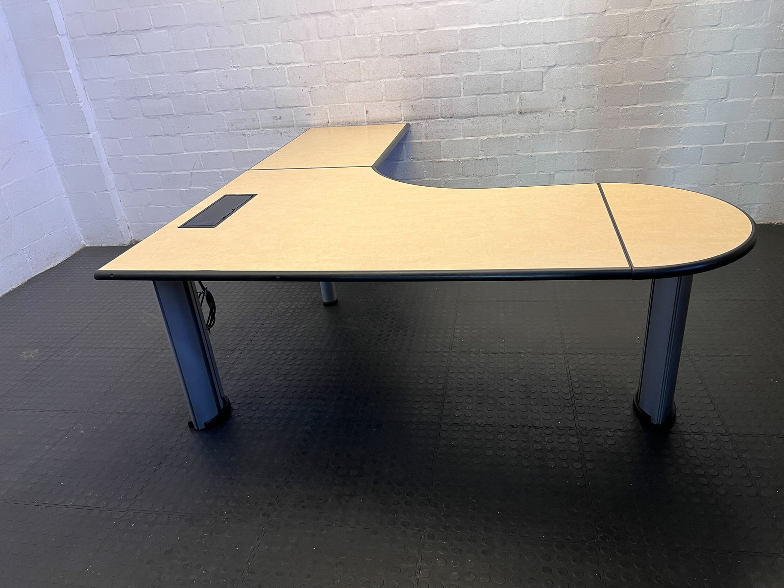 Modern L-Shaped Office Desk - Light Wood Finish with Minor Wear
