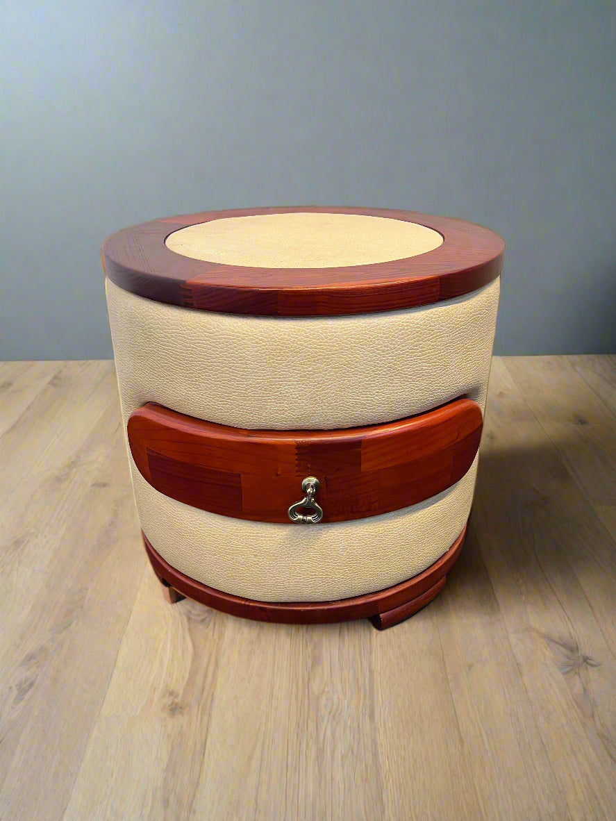 Elegant Round Cream Leather & Wood Nightstand with Drawer