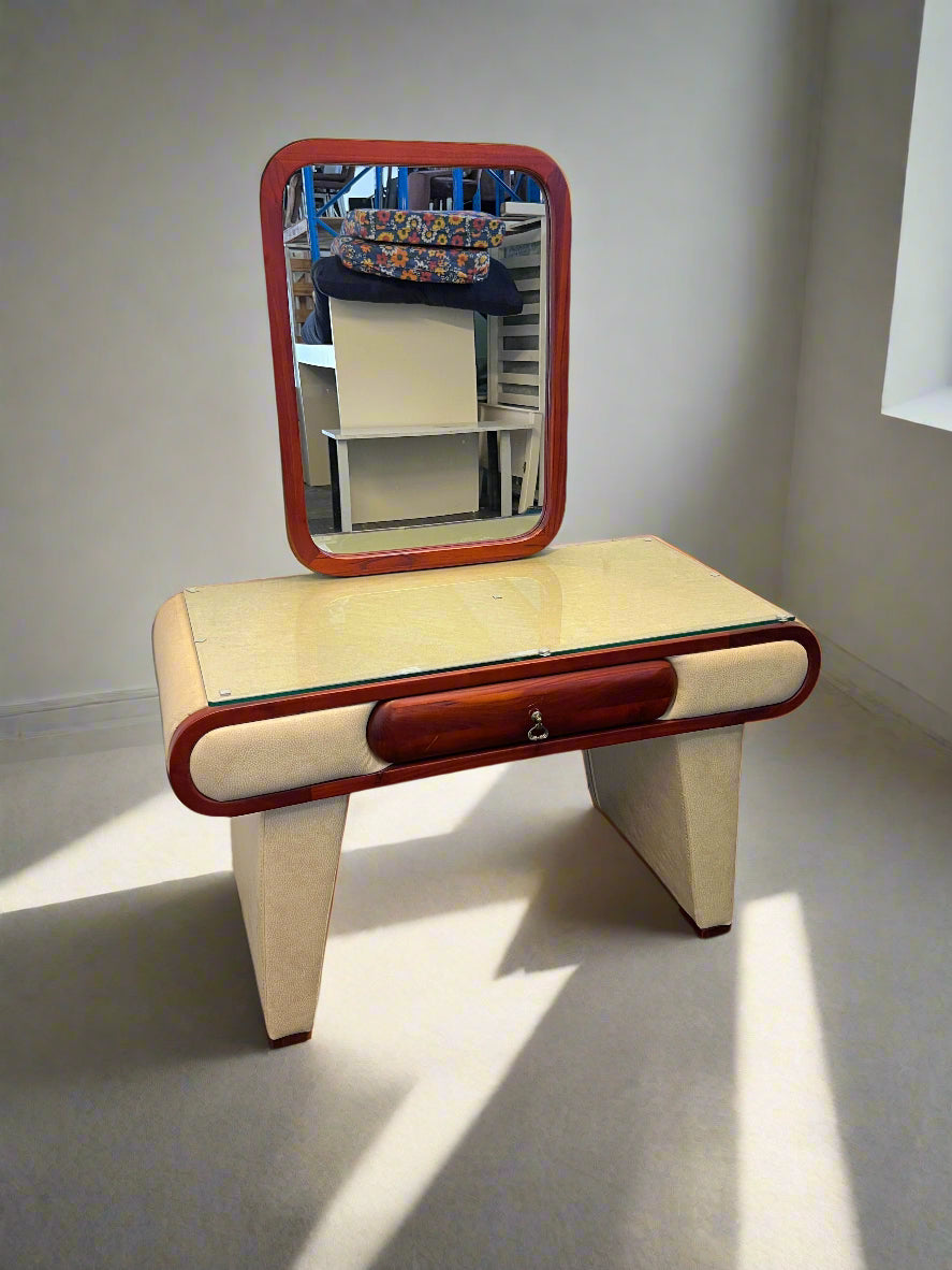 Chic Vintage Cream and Mahogany Dressing Table with Mirror
