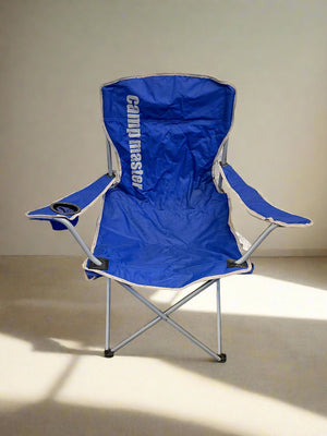 Blue camping chair with 'Camping Master' branding on a beige background