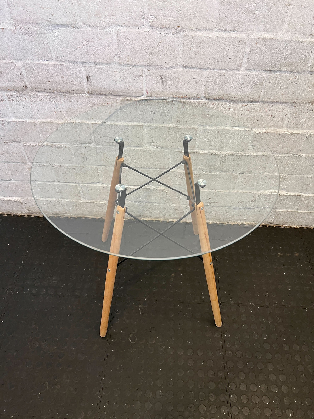 Stylish Round Glass Top Table with Wooden Legs - 2ndhandwarehouse.com