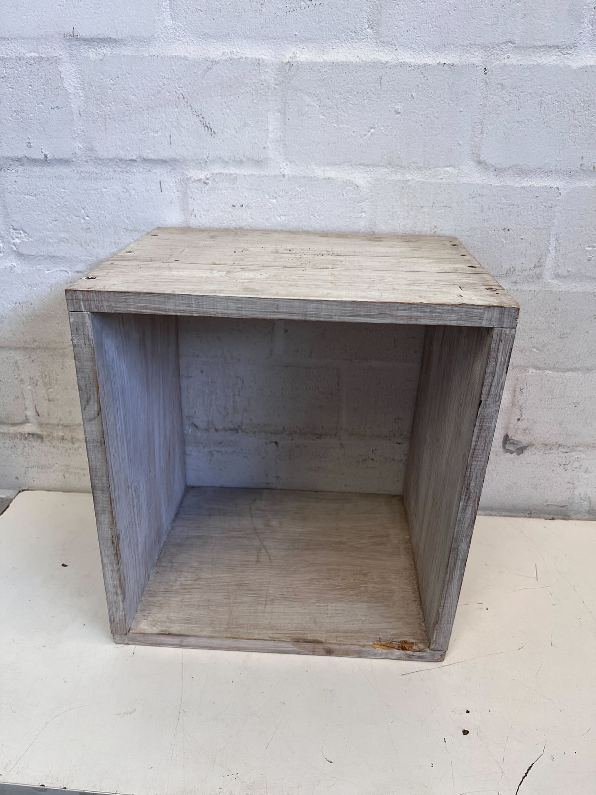 Rustic White Wash Wooden Storage Cube