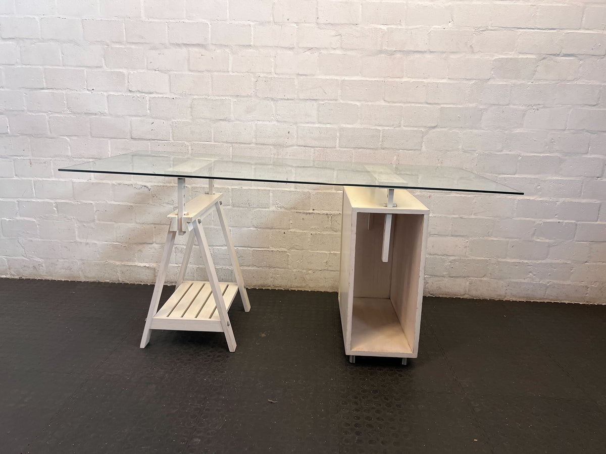 Chic Glass Top Desk with Trestle & Mobile Storage 170 x 80cm