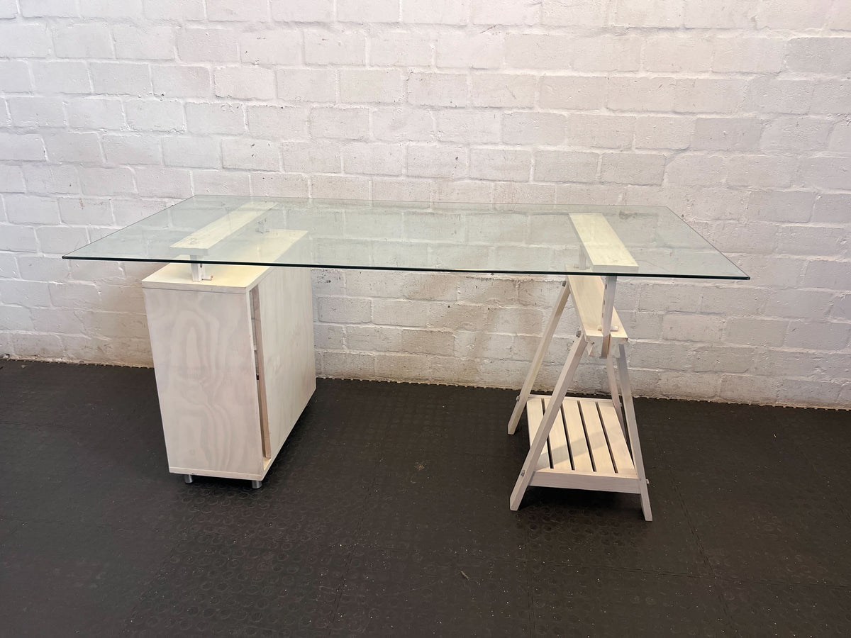Chic Glass Top Desk with Trestle & Mobile Storage 170 x 80cm