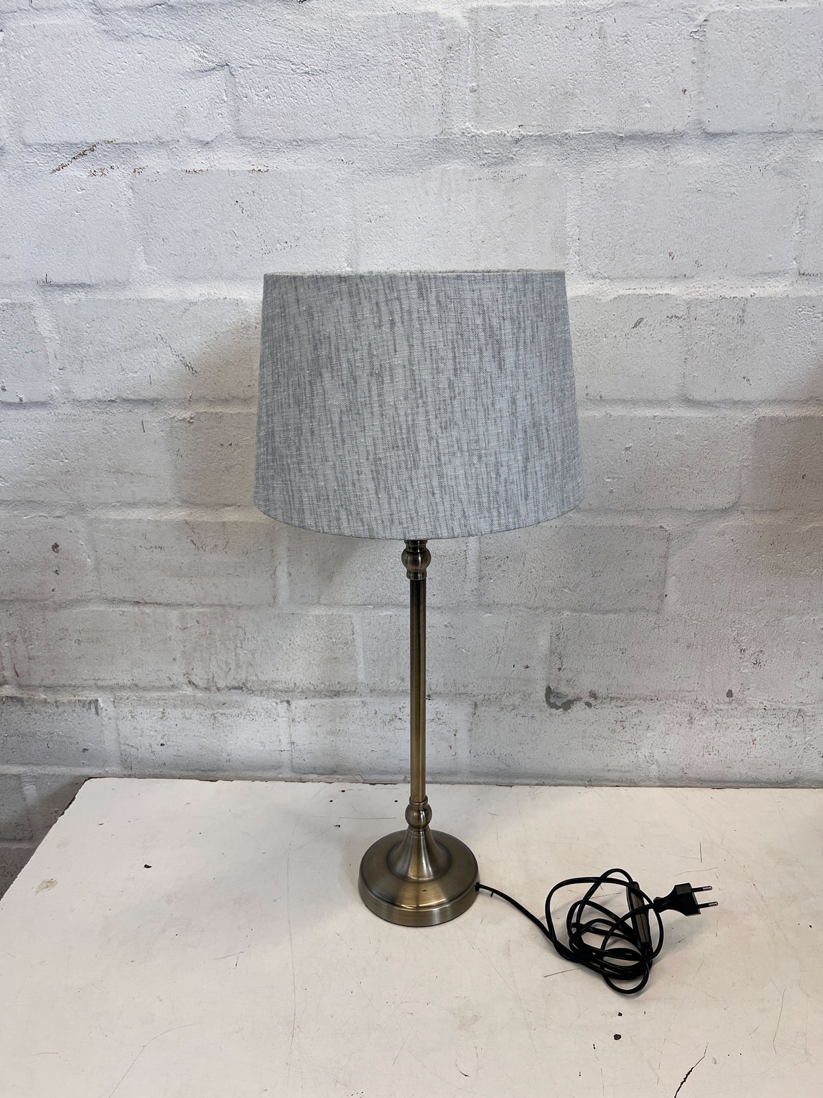 Elegant Brushed Brass Table Lamp with Grey Fabric Shade