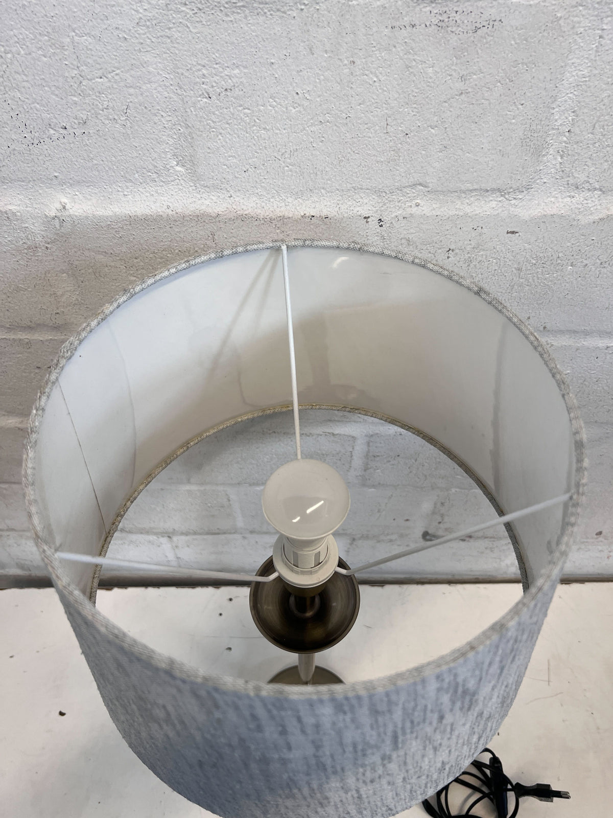 Elegant Brushed Brass Table Lamp with Grey Fabric Shade