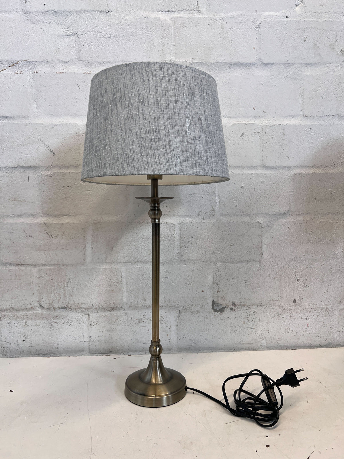Elegant Brushed Brass Table Lamp with Grey Fabric Shade