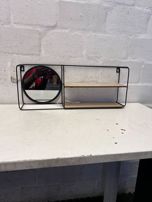 Industrial Style Wall Shelf with Round Mirror & Wood Shelves