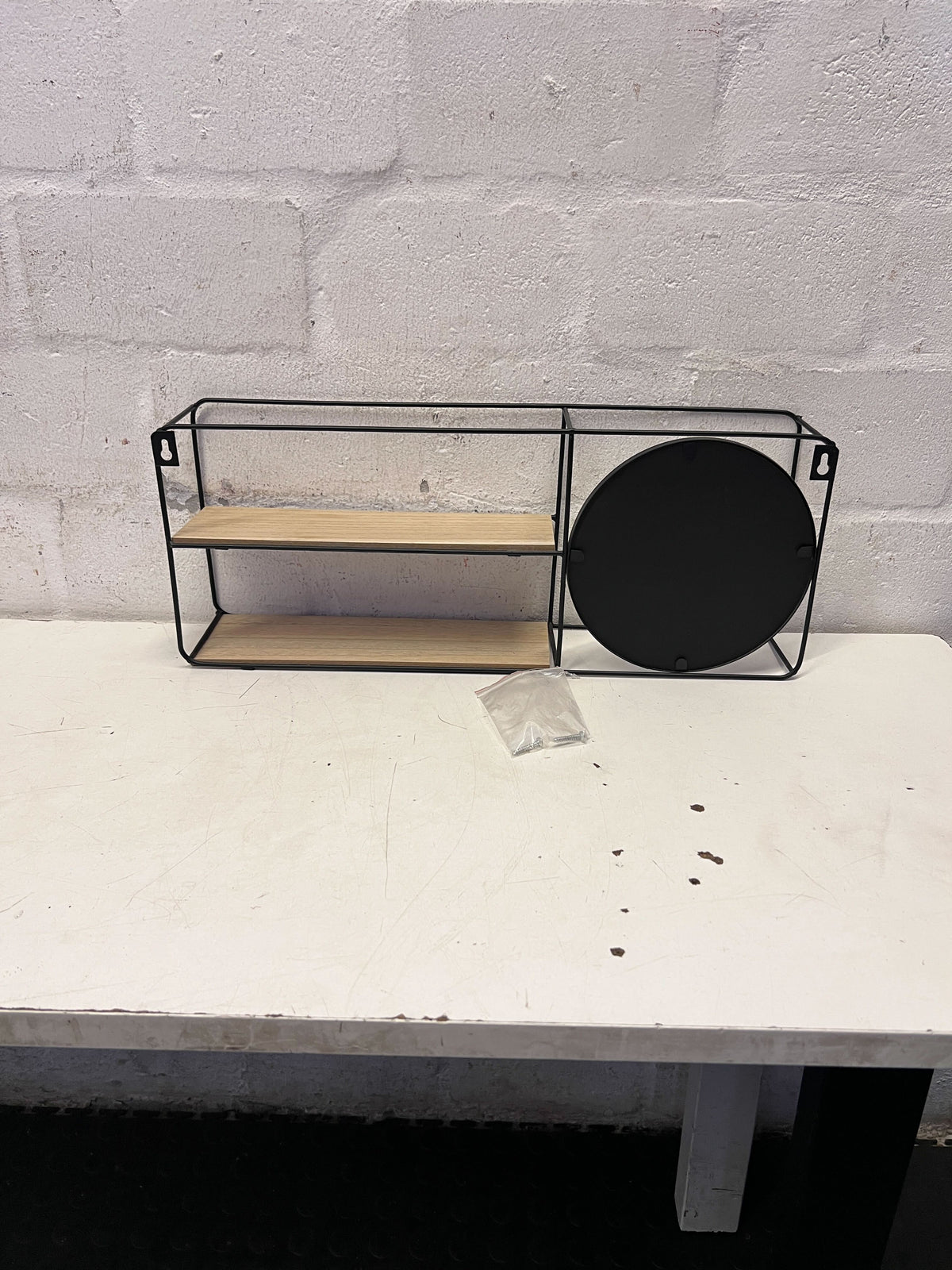 Industrial Style Wall Shelf with Round Mirror & Wood Shelves