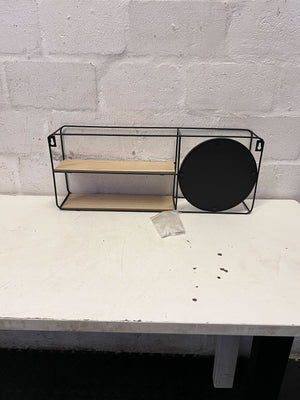 Industrial Style Wall Shelf with Round Mirror & Wood Shelves