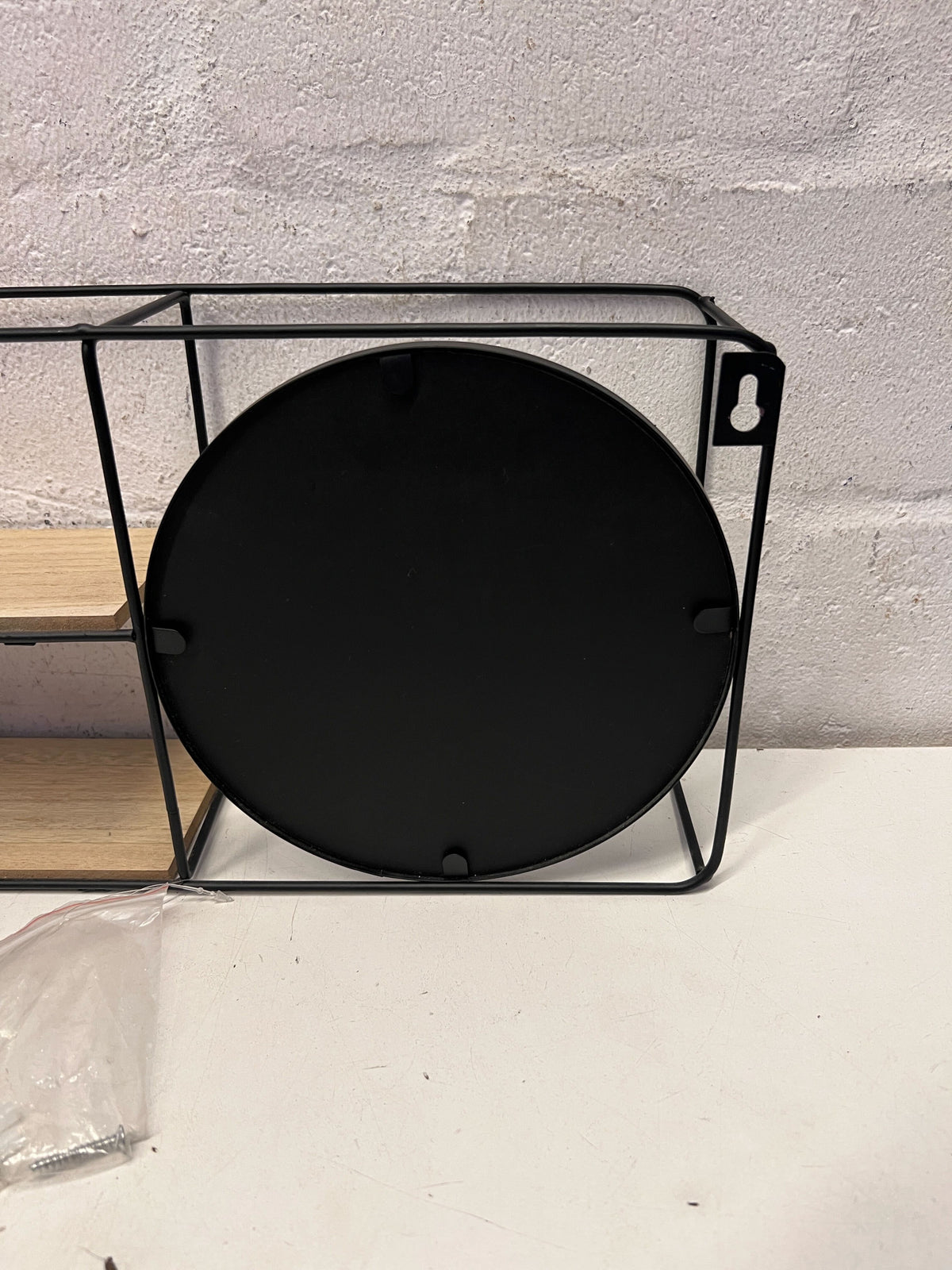 Industrial Style Wall Shelf with Round Mirror & Wood Shelves