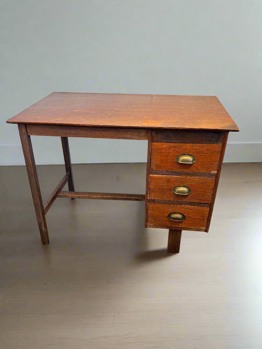 Charming Vintage Wooden Writing Desk with Brass Accents