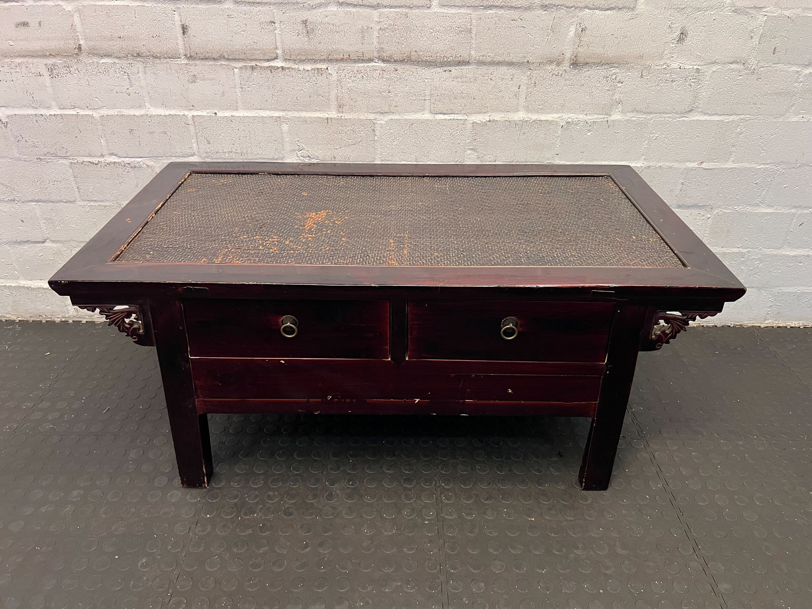 Vintage Rectangular Wooden Coffee Table with Decorative Carvings