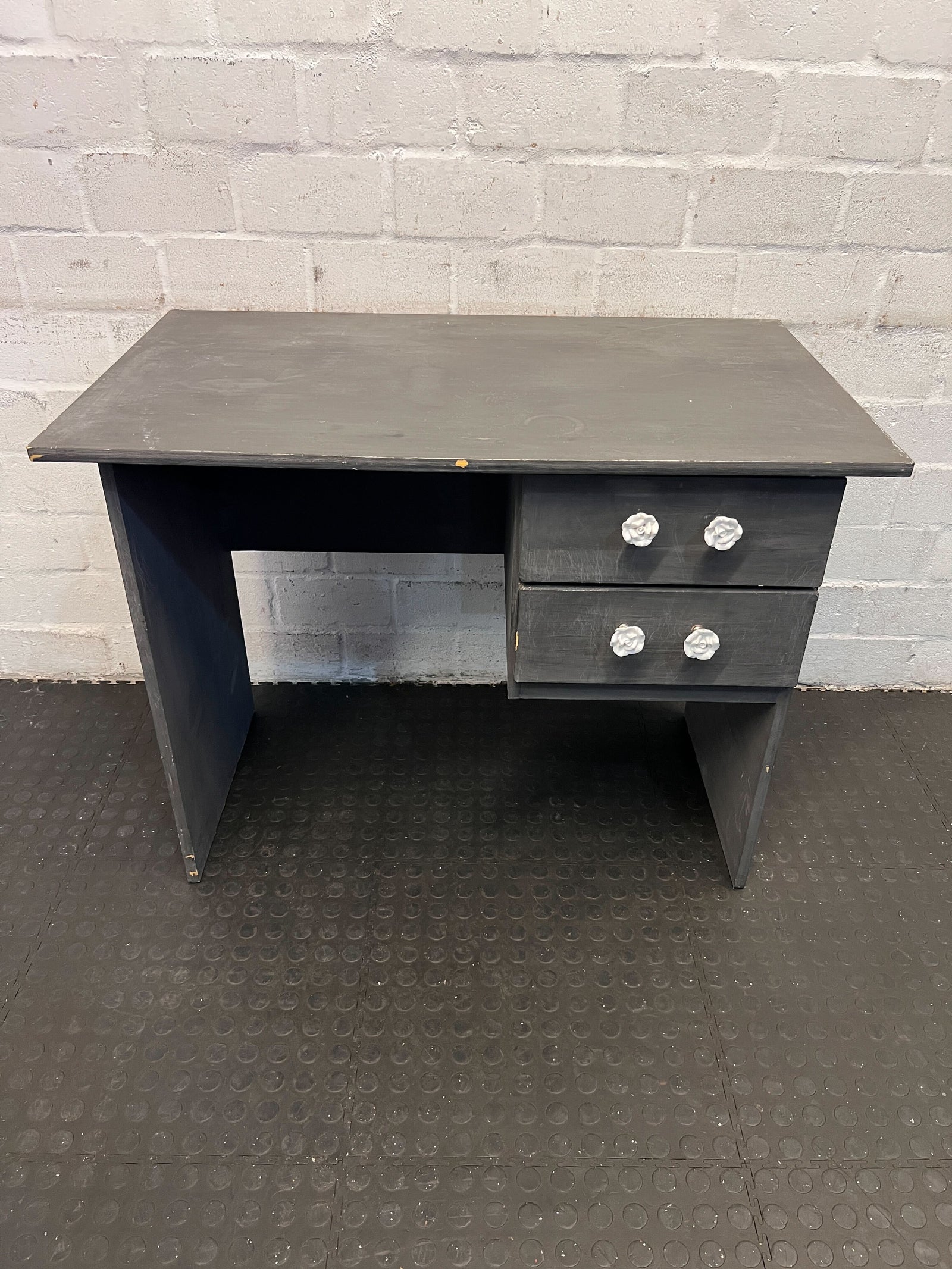 Chic Black Wooden Desk with Floral Knobs - Stylish & Functional