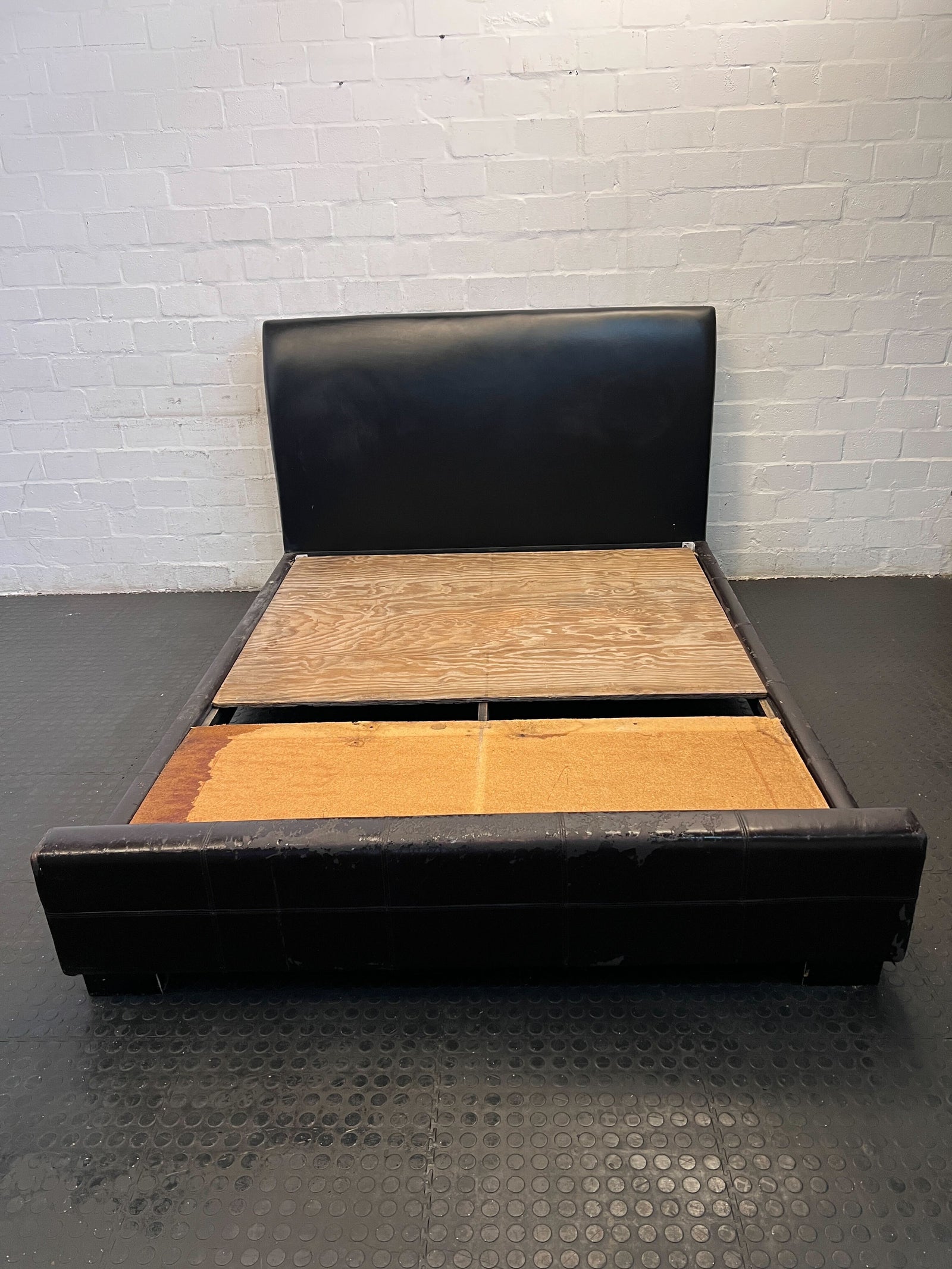 Stylish Black Leather Queen Bed Frame with Minor Wear - REDUCED
