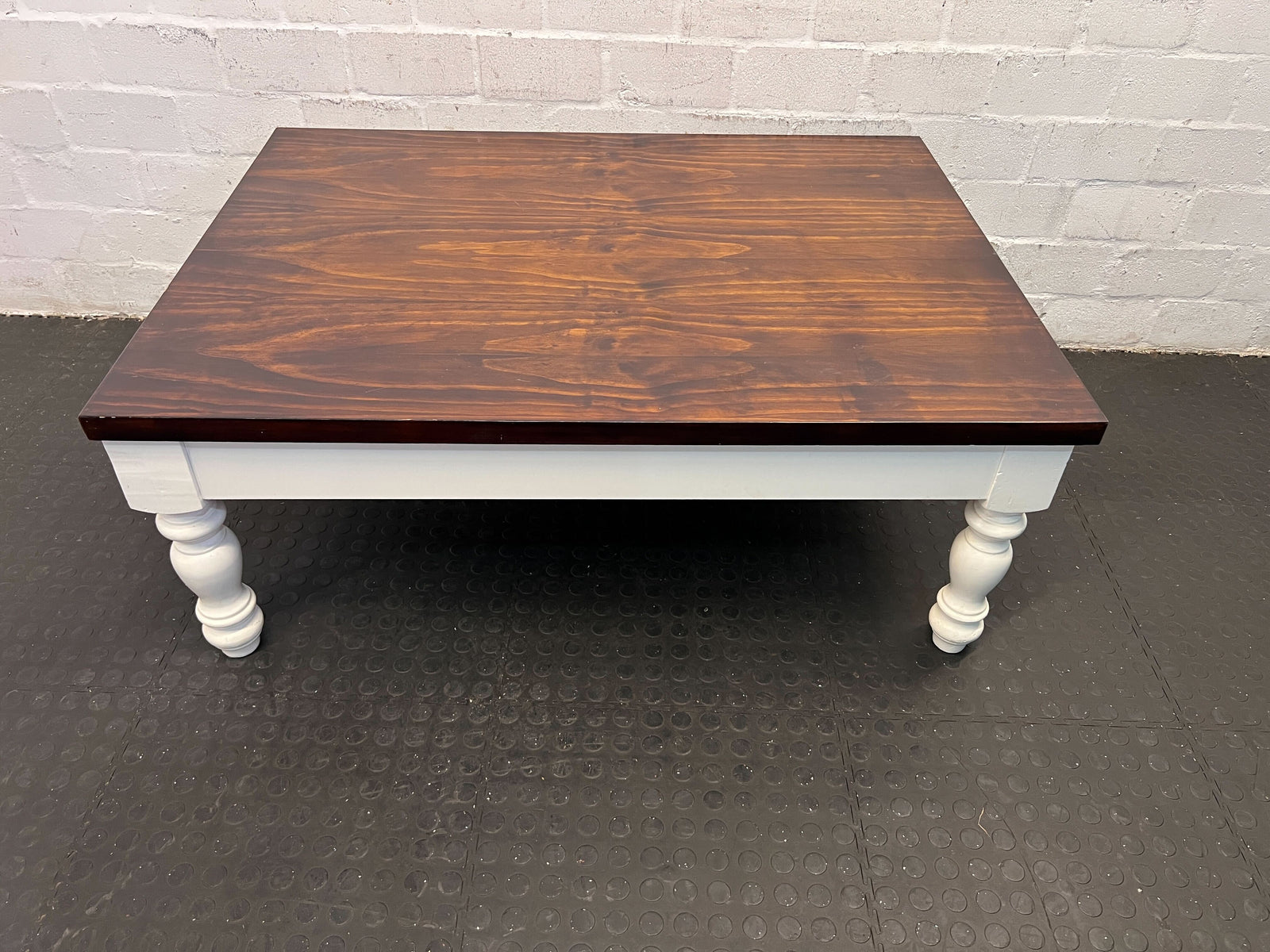 Elegant Vintage Coffee Table with Rich Brown Top and White Base