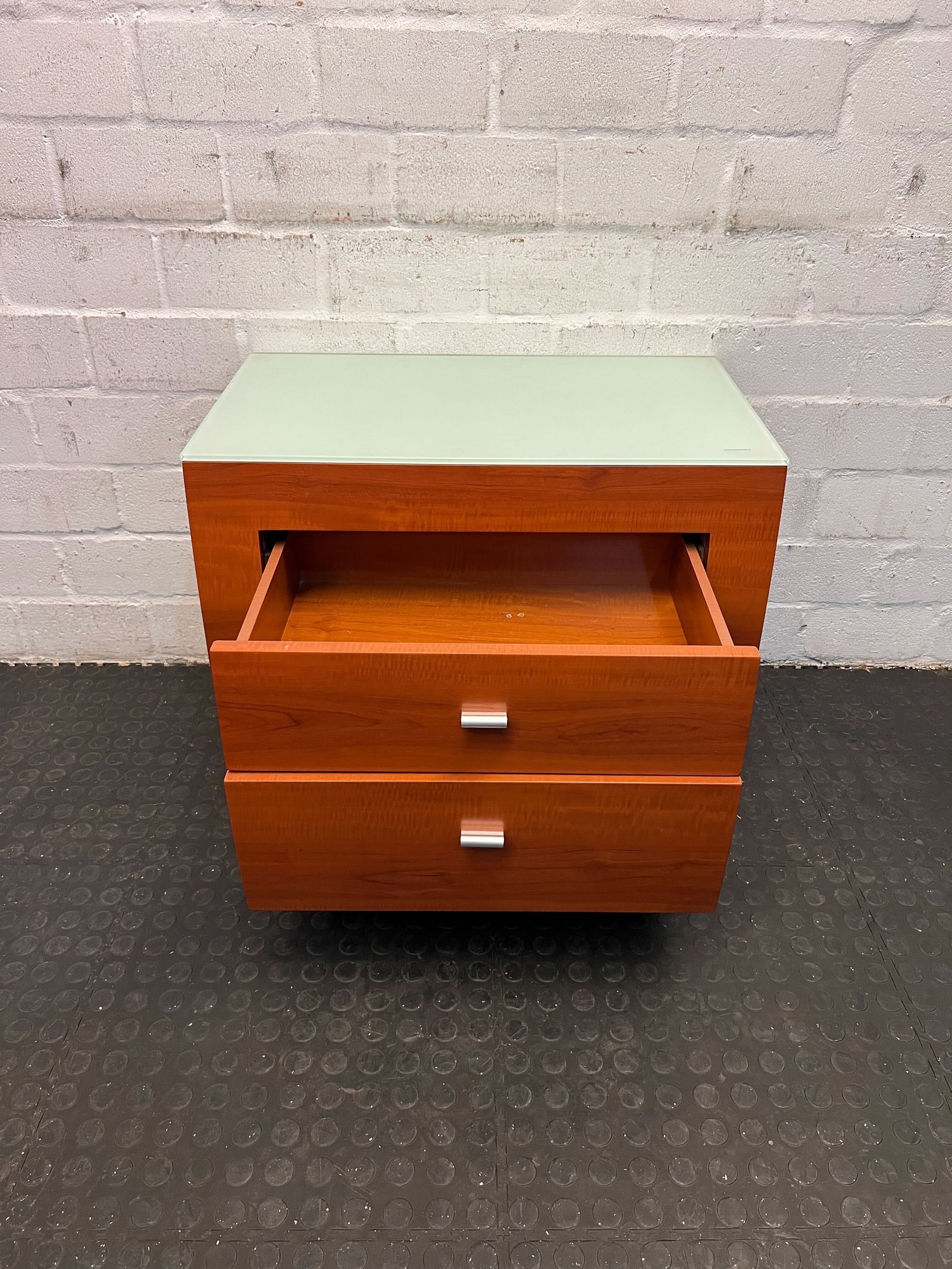 Modern Side Table - Cherry Wood and Frosted Glass - REDUCED