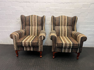 Vintage Wingback Chair - Brown Fabric with Tribal Print, Wooden Legs