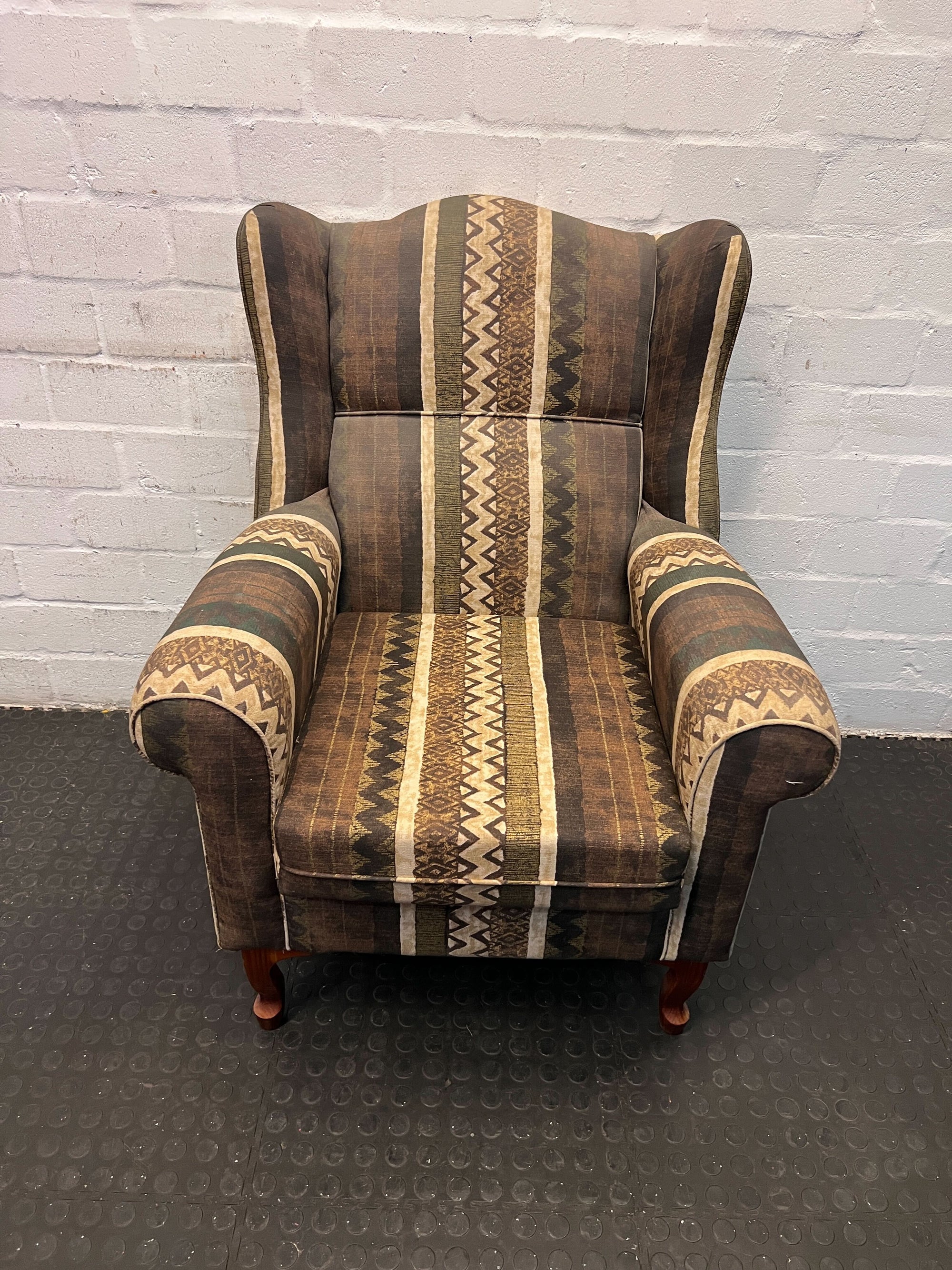 Vintage Wingback Chair - Brown Fabric with Tribal Print, Wooden Legs