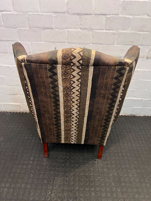 Vintage Wingback Chair - Brown Fabric with Tribal Print, Wooden Legs