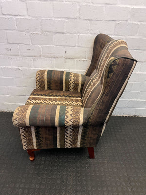 Vintage Wingback Chair - Brown Fabric with Tribal Print, Wooden Legs