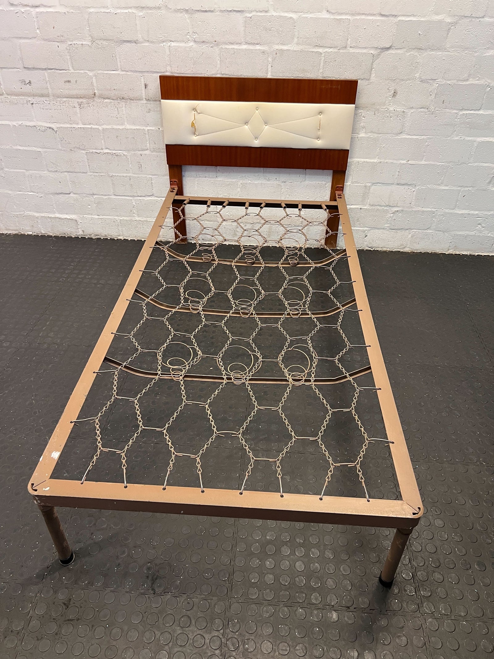 Vintage Wood Bed Frame with Cream Upholstered Headboard - REDUCED