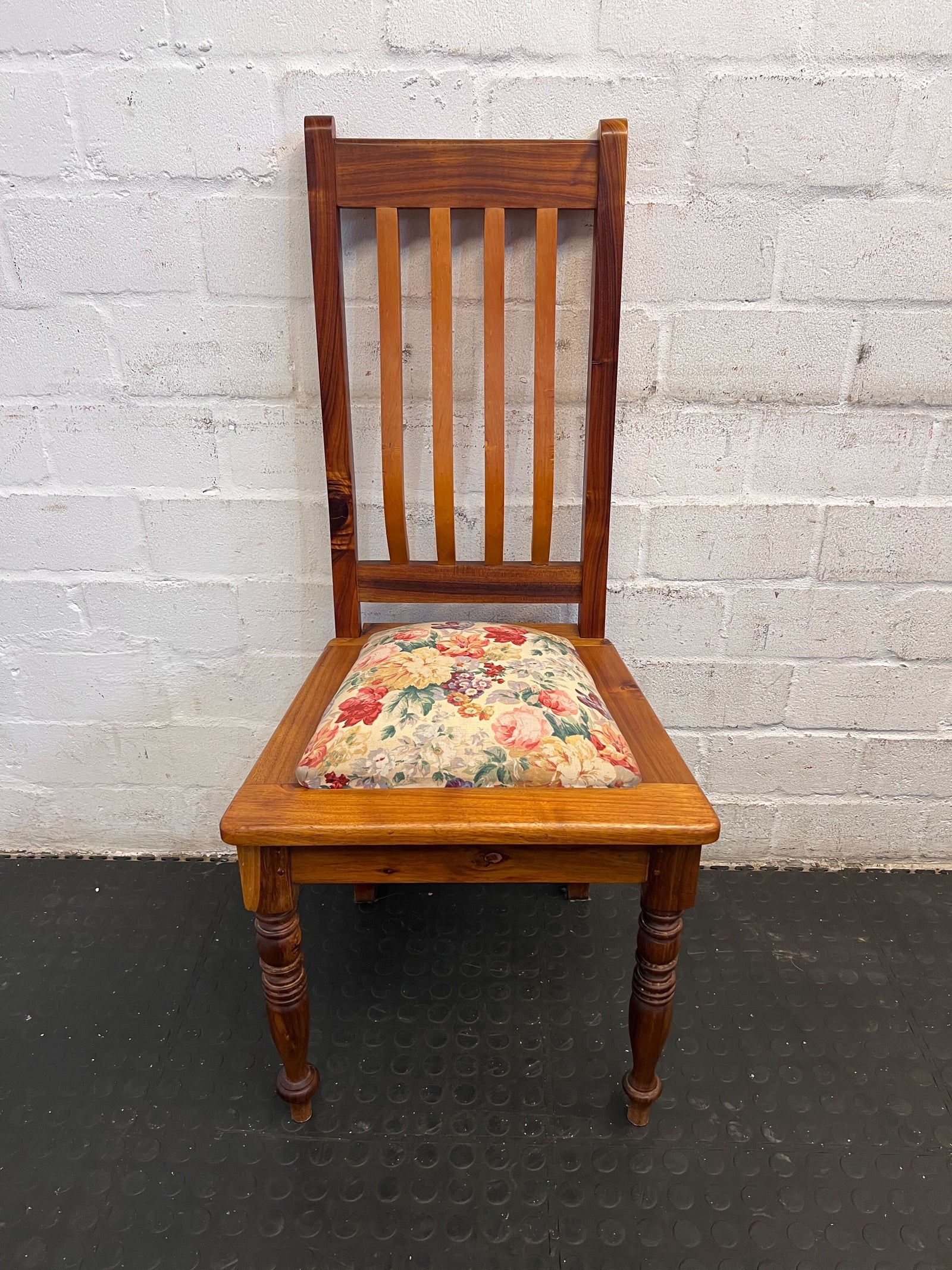 Rustic Wooden Dining Chair with Floral Cushion Seat