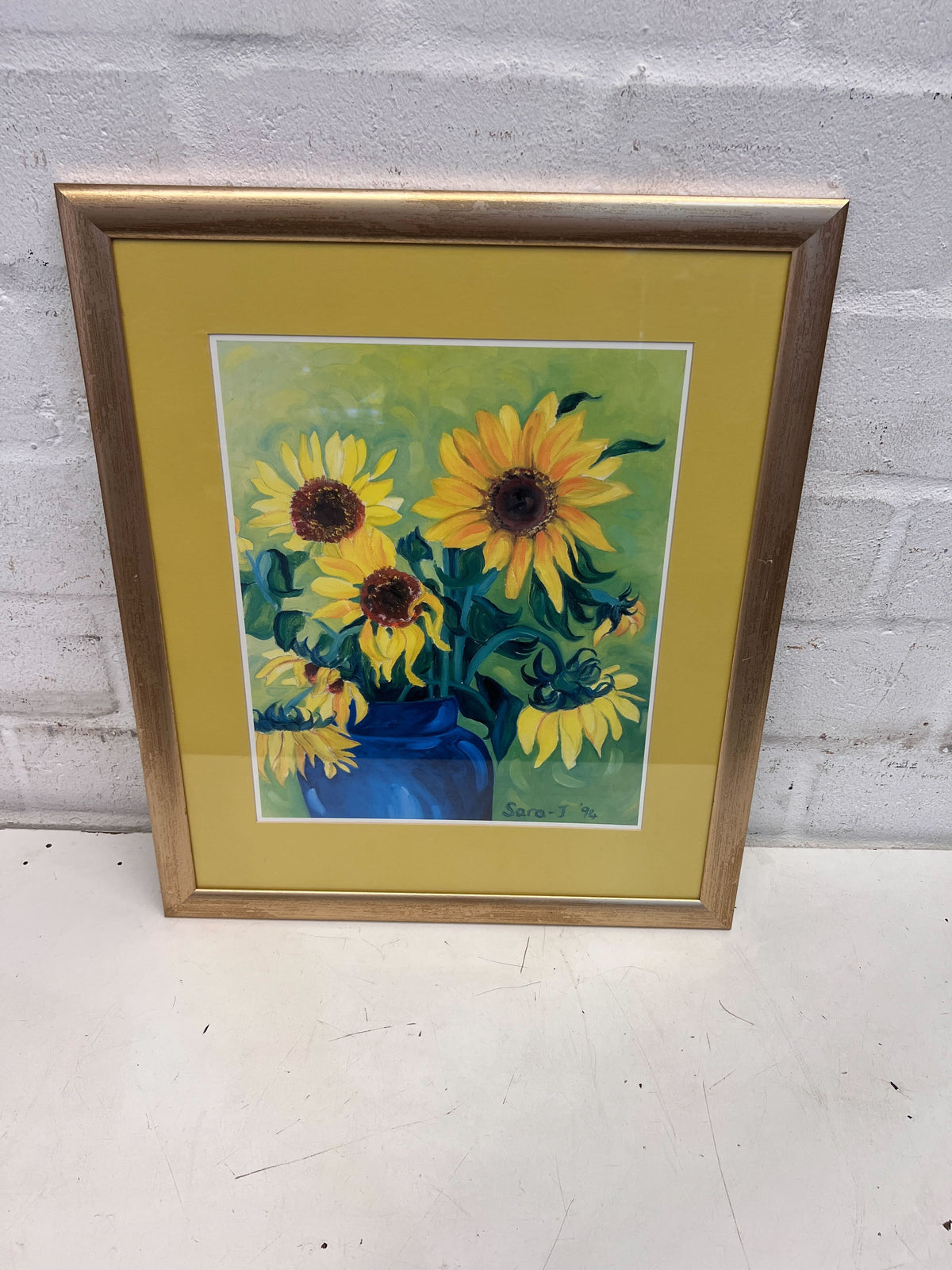 Framed Sunflower Artwork - Vibrant Yellow Frame with Blue Vase - Sarah J 94