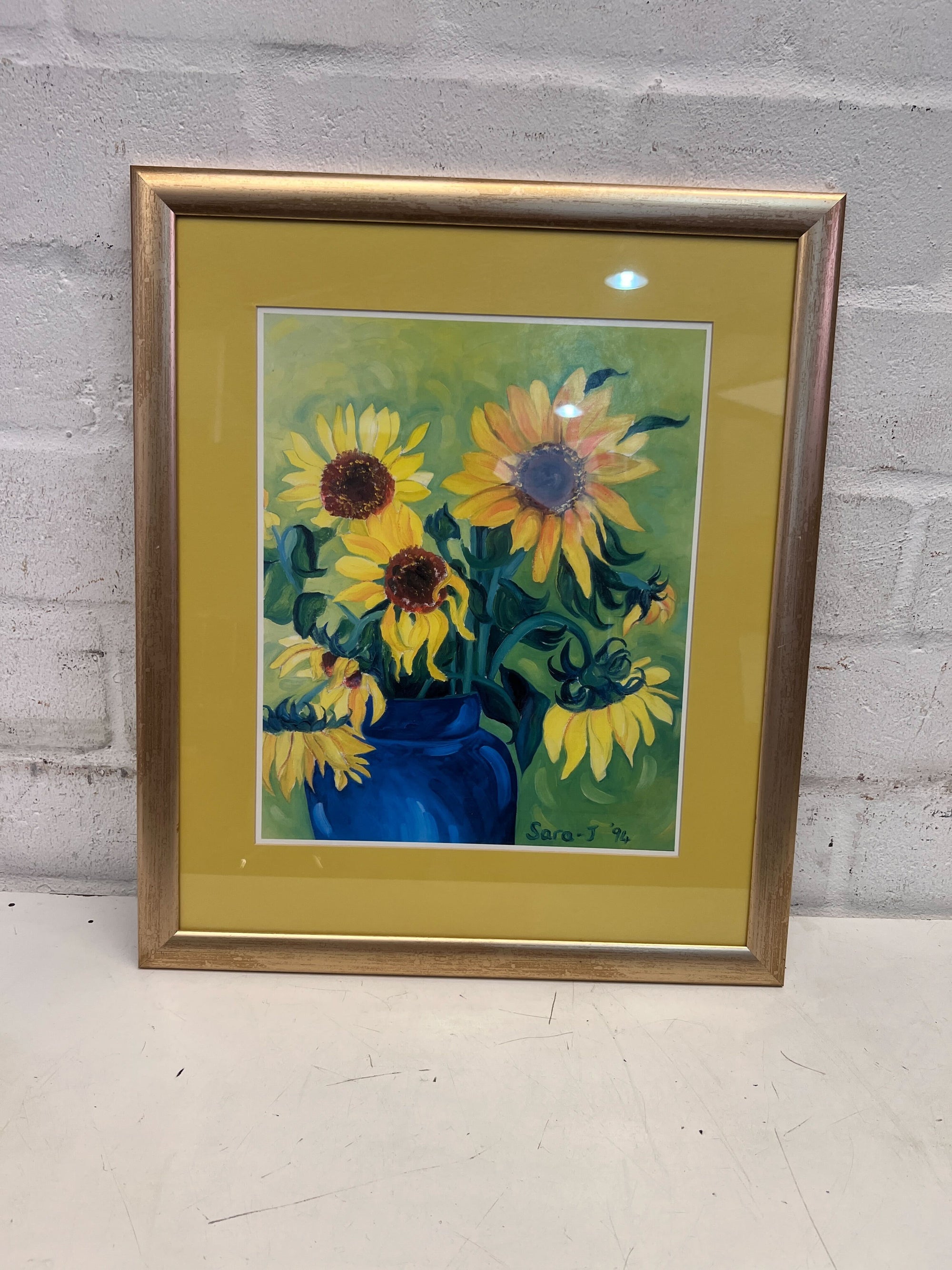 Framed Sunflower Artwork - Vibrant Yellow Frame with Blue Vase - Sarah J 94