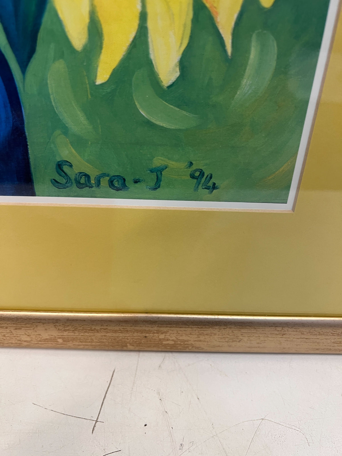 Framed Sunflower Artwork - Vibrant Yellow Frame with Blue Vase - Sarah J 94