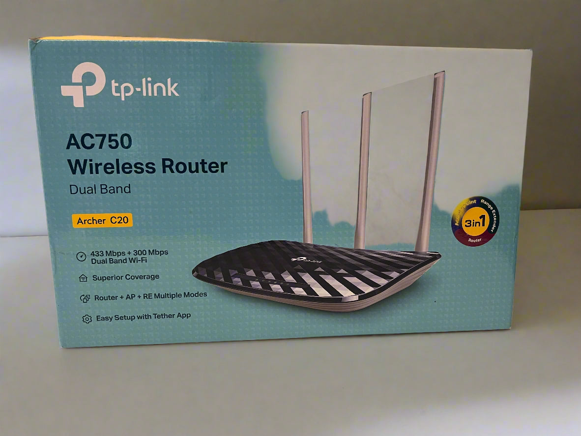 TP-Link AC750 wireless router packaging on a light background