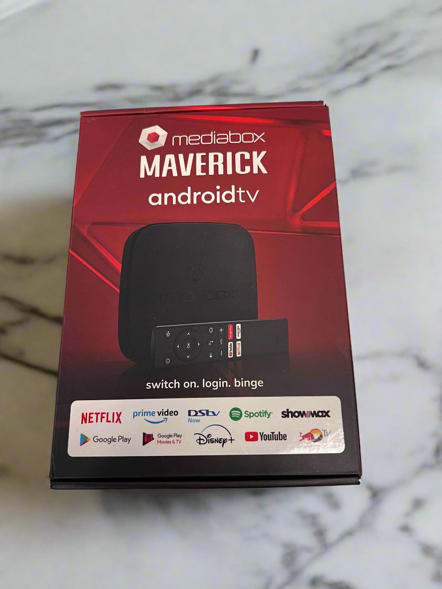 Medialabix Maverick Android TV box packaging on a light gray surface