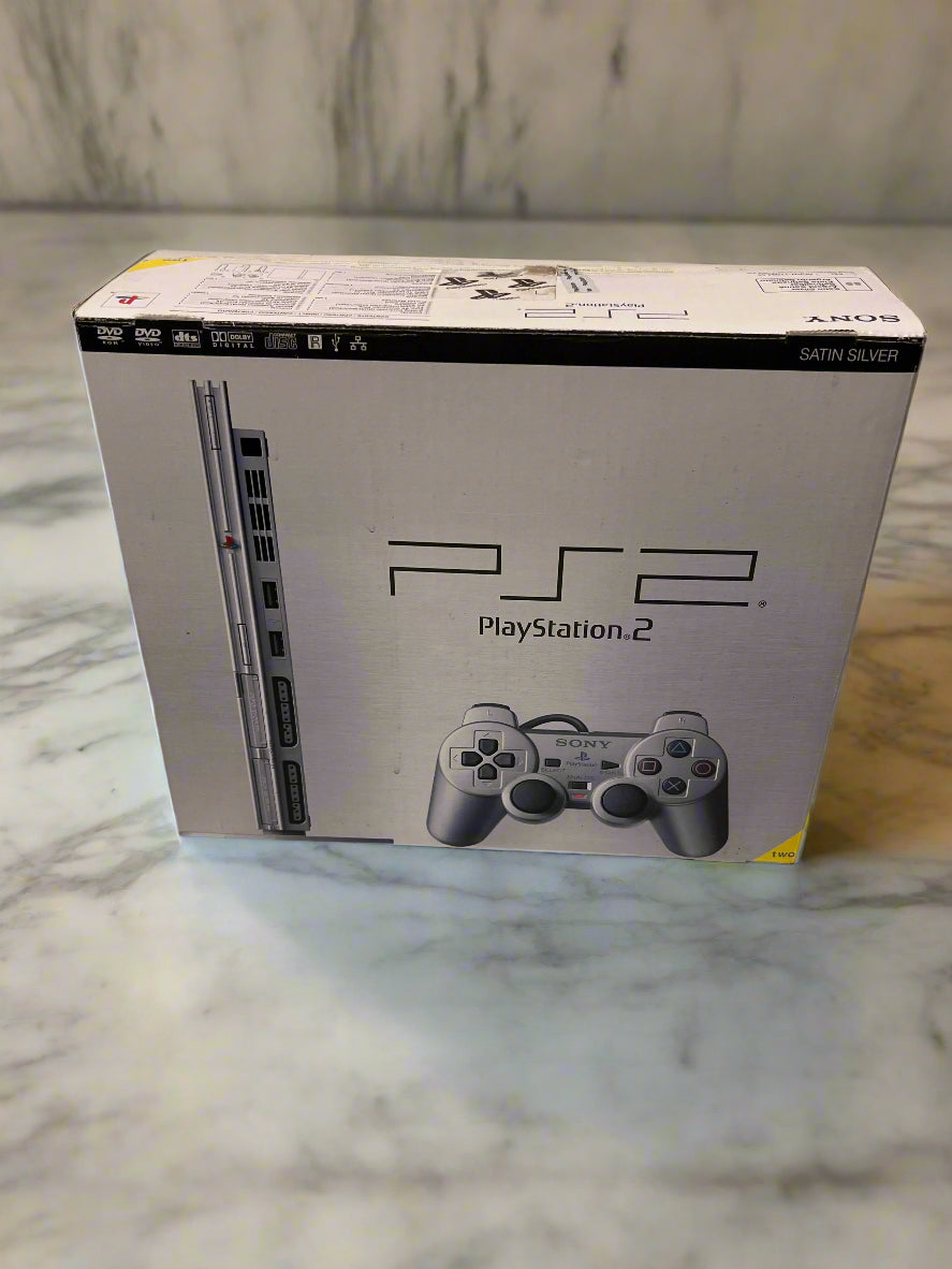 PlayStation 2 console packaging with controller illustration on a gray background