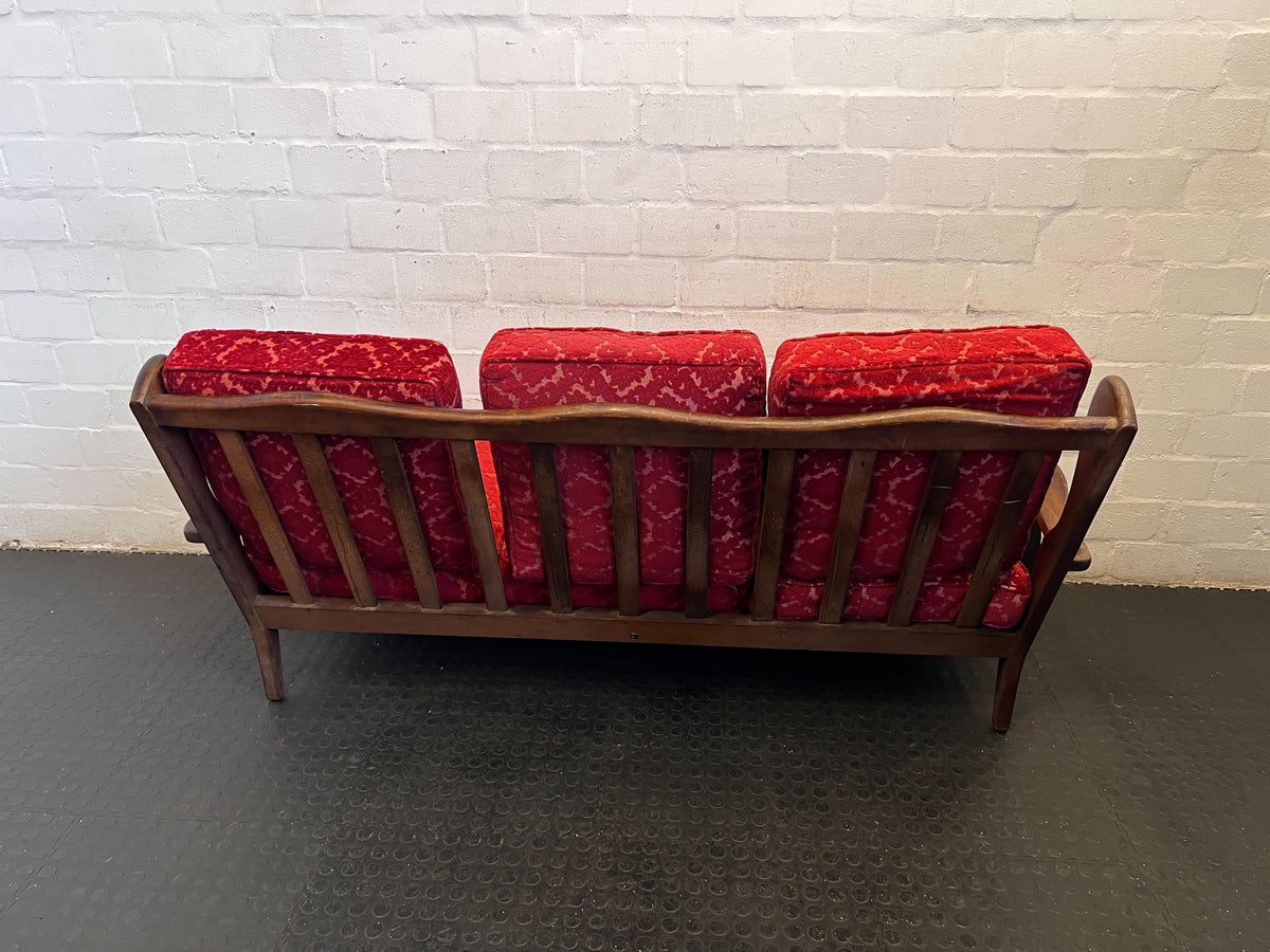 Elegant Red Fabric 3-Seater Couch with Wooden Accents - REDUCED