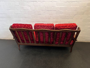 Elegant Red Fabric 3-Seater Couch with Wooden Accents - REDUCED