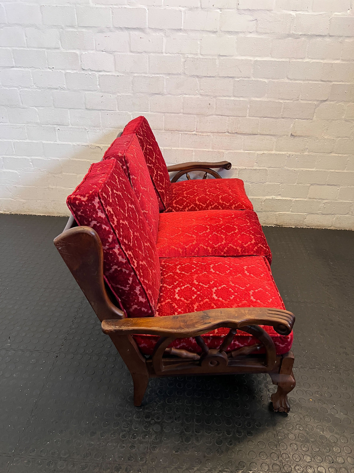 Elegant Red Fabric 3-Seater Couch with Wooden Accents - REDUCED